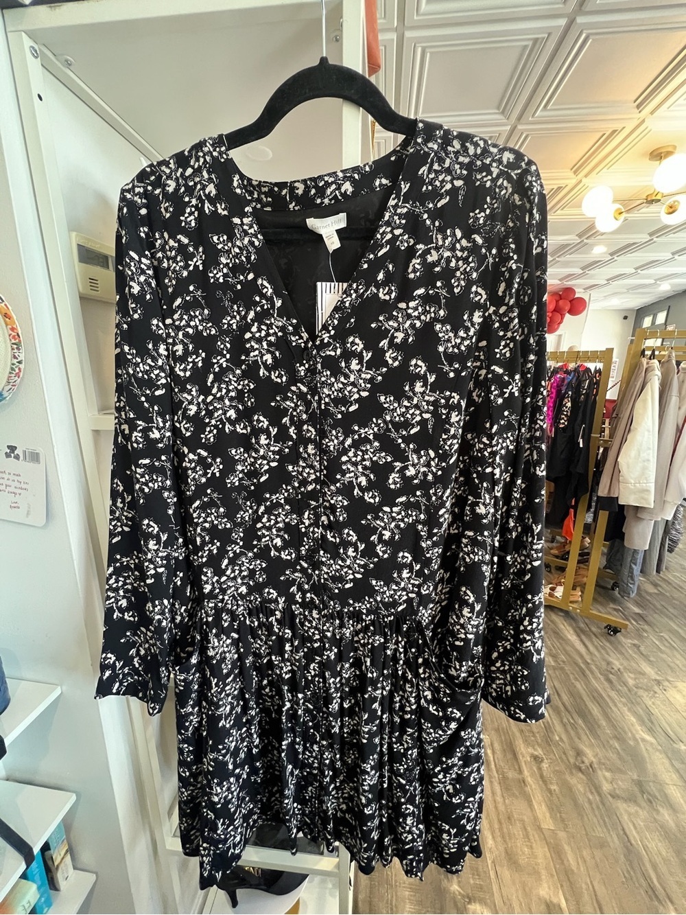 Garnet Hill Black Floral Long-Sleeve Tiered Dress
